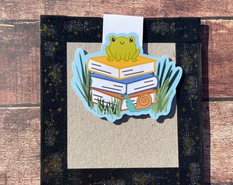 Cute Frog on a Stack of Books Magnetic Bookmark | Cottage core | Mushroom | Snail | Reader | Fantasy | Nature | Book Lover | Gift for Reader