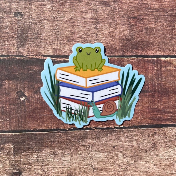 Cute Frog on a Stack of Books Glossy Vinyl Sticker | Cottage core  | Snail | Reader | Fantasy | Nature | Book Lover | Gift for Reader