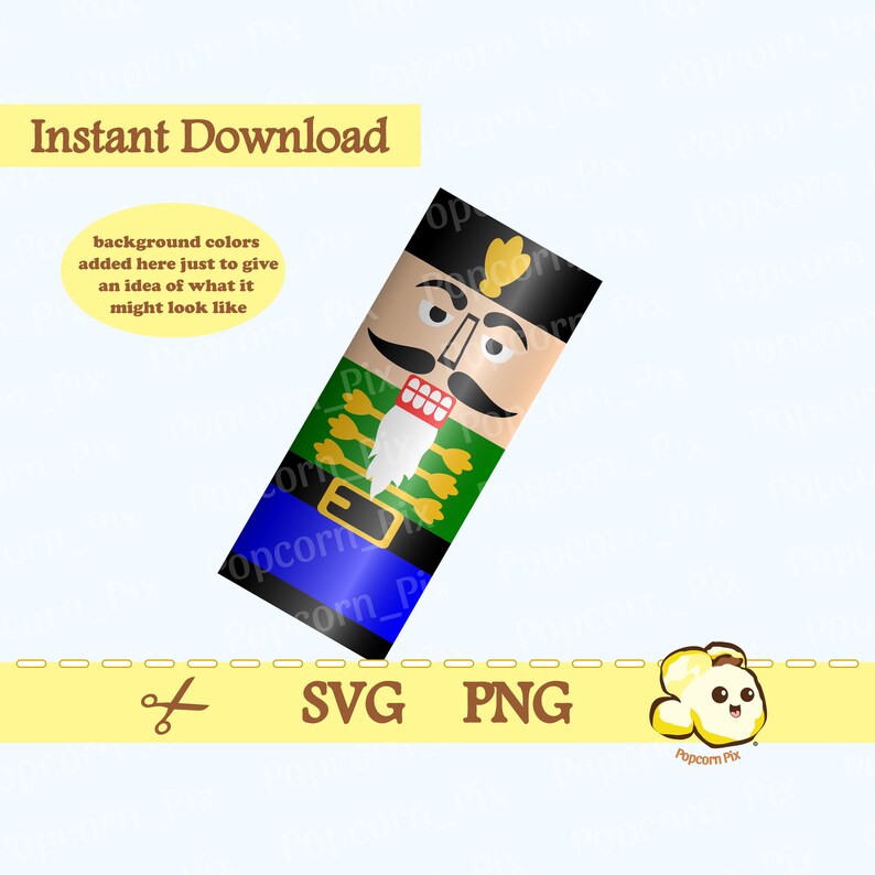 May include: A digital illustration of a nutcracker with a blue, green, and black striped hat, a white beard, and a red mouth. The nutcracker is in a standing position with a gold belt and a green and black striped uniform. The background is a light blue color.