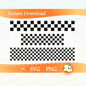 May include: Black and white checkered border designs. The image includes three different styles of borders, with the text "Instant Download", "SVG", and "PNG". The borders are perfect for digital design projects.