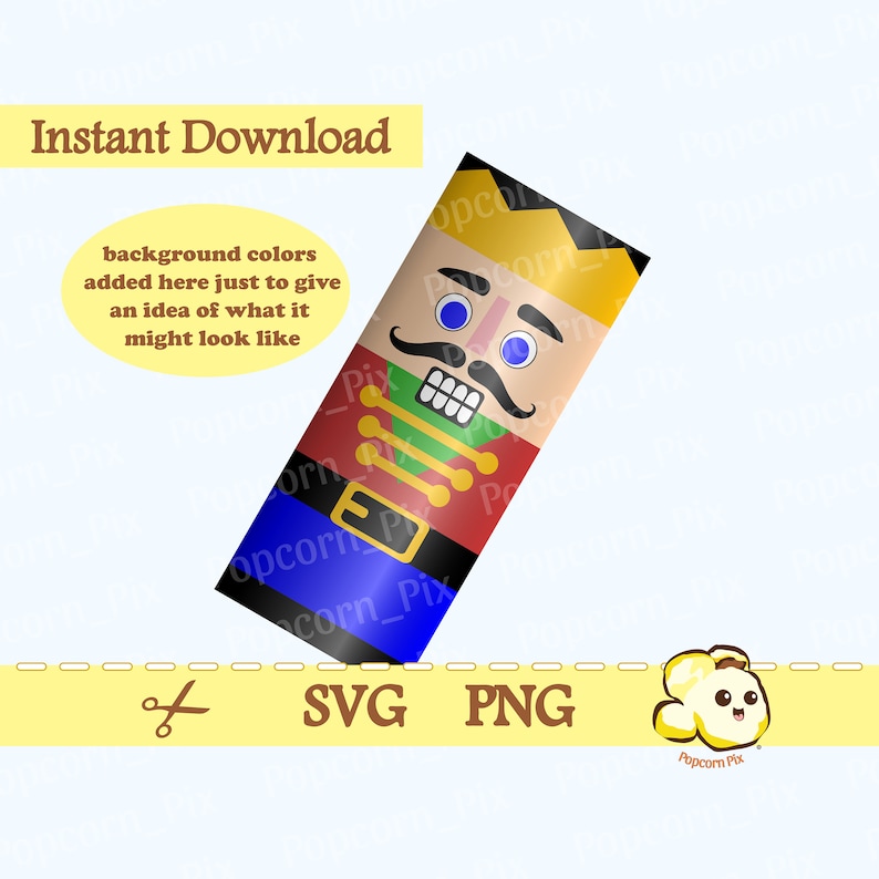 May include: A digital download of a printable nutcracker design. The design features a nutcracker with a red, green, blue, and yellow color scheme. The design is perfect for creating festive crafts and decorations.