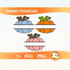 May include: A digital design featuring three colorful pumpkin illustrations in blue, orange, and pink. Each pumpkin has a stem and a space for text. The words "Instant Download", "SVG", and "PNG" are also present.