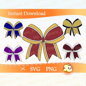 May include: Digital download featuring five colorful bow designs in various color combinations, including blue and gold, burgundy and gold, and purple and white. The words "Instant Download", "SVG", and "PNG" are also visible.