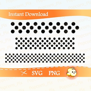 May include: Digital design elements showing three black dotted border patterns. The top border has large dots, the middle has medium dots, and the bottom has small dots. Text includes "Instant Download", "SVG", and "PNG".