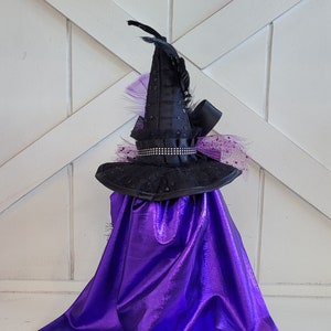 Peut inclure: Un chapeau de sorci&egrave;re noir avec une plume violette et un n&oelig;ud en tulle violet. Le chapeau est pos&eacute; sur une cape violette.