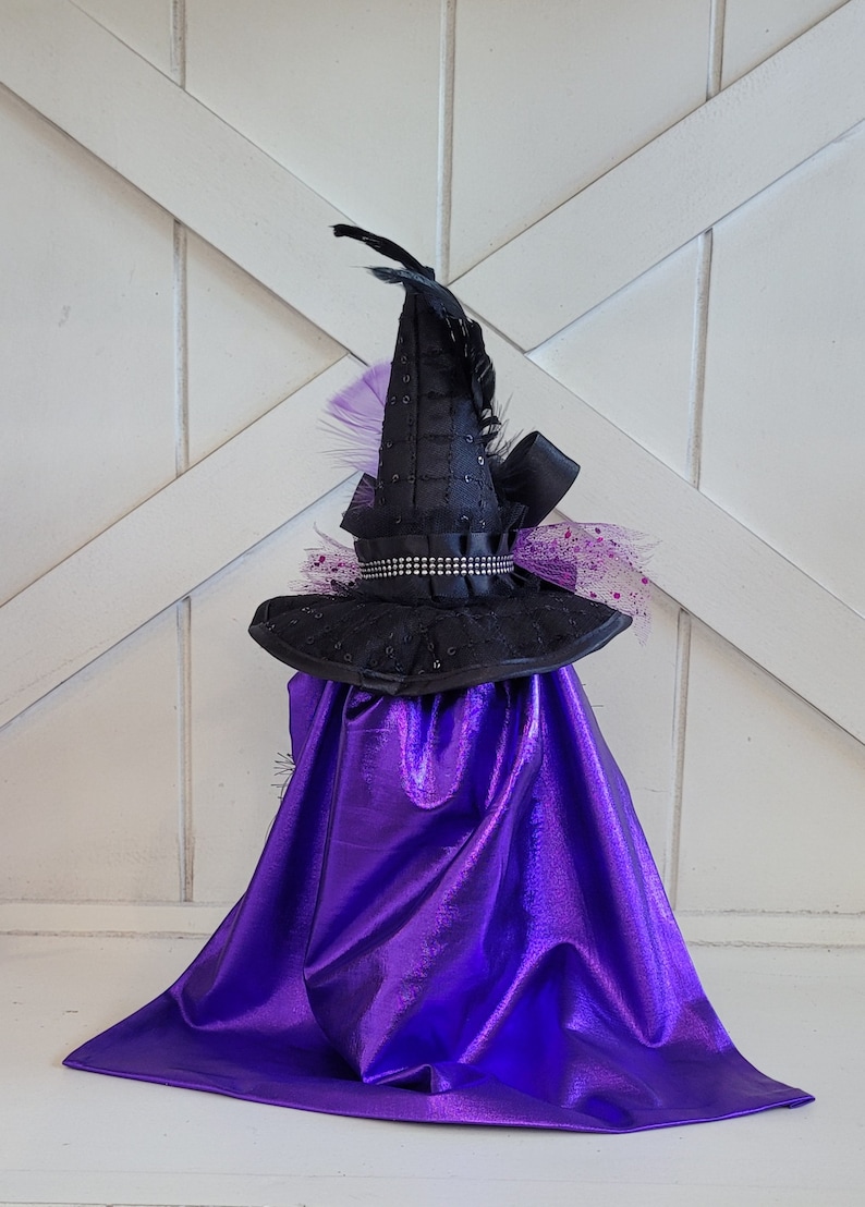 Peut inclure: Un chapeau de sorci&egrave;re noir avec une plume violette et un n&oelig;ud en tulle violet. Le chapeau est pos&eacute; sur une cape violette.