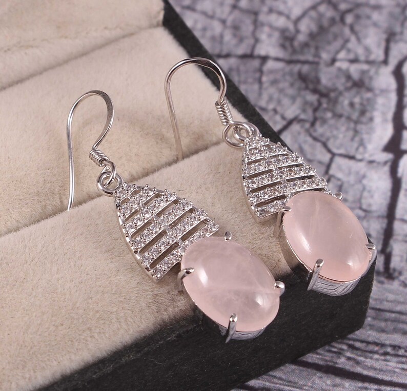 Natural Rose Quartz Dangle Earrings925 Sterling Silver EarringsRose Quartz EarringsAnniversary GiftBridesmaid GiftGift for Mom.