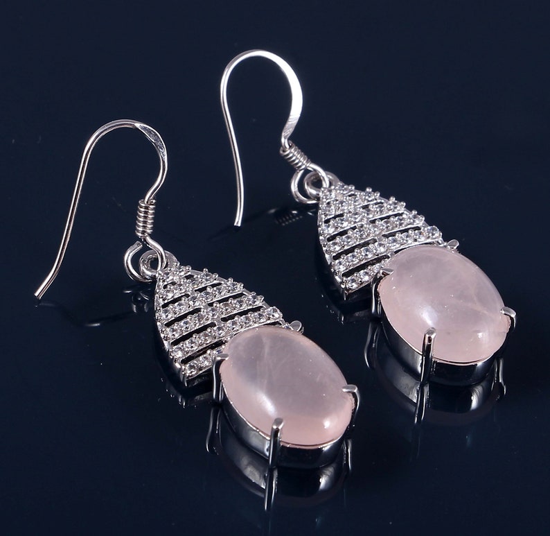 Natural Rose Quartz Dangle Earrings925 Sterling Silver EarringsRose Quartz EarringsAnniversary GiftBridesmaid GiftGift for Mom.