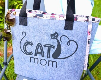 Stabiler Filzshopper - Einkaufstasche - Strandtasche mit selbstgenähtem Innenfutter -  Für Katzenfreunde