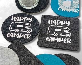 Glass coaster made of felt with foil finish, camper motif in white - gift idea for campers and friends