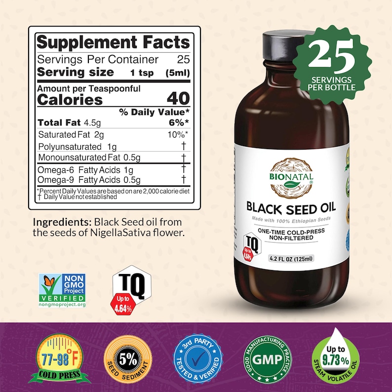 BioNatal Ethiopian Black Seed Oil – Cold Pressed Nigella Sativa Oil, Non-Filtered, 4.64% TQ, Immune Support – 4.2 Oz Free Shipping image 2