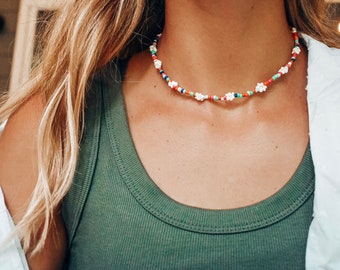Multi Flower Seed Bead Necklace