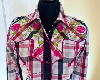 Rangers Embroidered Check Rockabilly Hillbilly Western Shirt Vintage Western Swing Cowgirl Cowboy Shirt