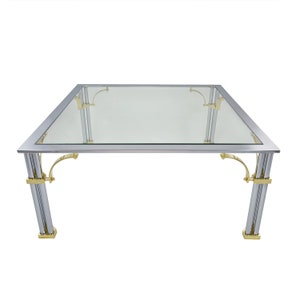 Stunning Vintage Mid-Century Hollywood Regency Art Deco Chrome & Brass Maison Jansen Square Glass Top Coffee Table