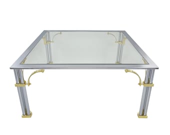 Stunning Vintage Mid-Century Hollywood Regency Art Deco Chrome & Brass Maison Jansen Square Glass Top Coffee Table