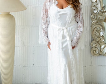 Plus Size Available White Floral Scallop Lace Robe For Bride,Long Floor Length Robe, Bridal Getting Ready Wedding Robe,Satin Short Long Slip