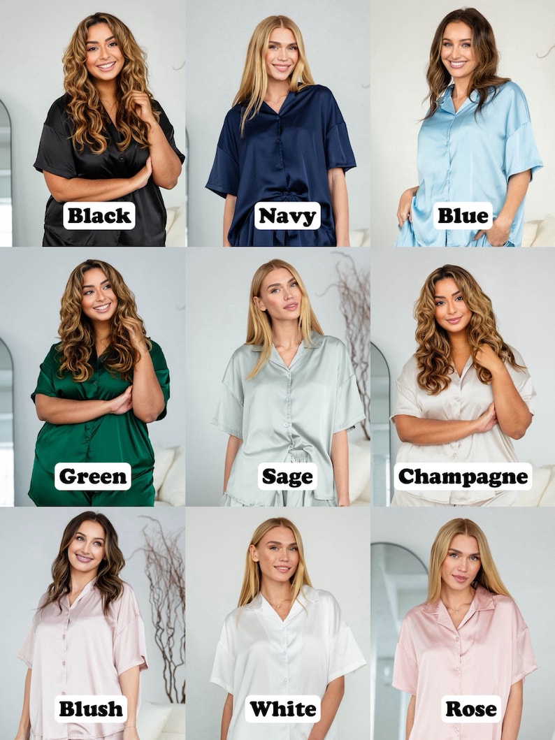 May include: Nine women wearing different colored satin pajamas. The colors are black, navy, blue, green, sage, champagne, blush, white, and rose.