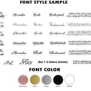 May include: A sample of different font styles for wedding stationery, including "Mrs. Smith", "Alexandra", "Bride", and "Bridesmaid". The font styles are shown in black ink on a white background. The image also includes a color chart with the following colors: rose gold, gold, silver, black, and white.