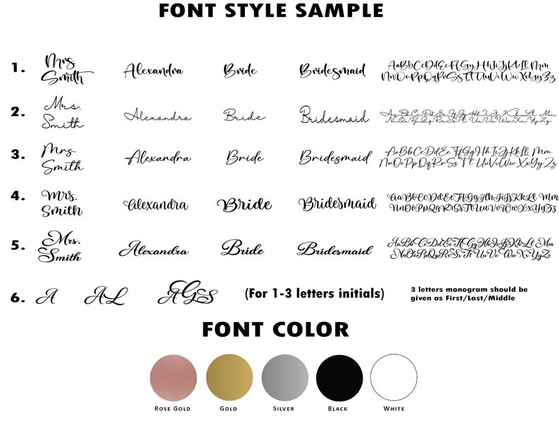 May include: A sample of different font styles for wedding stationery, including "Mrs. Smith", "Alexandra", "Bride", and "Bridesmaid". The font styles are shown in black ink on a white background. The image also includes a color chart with the following colors: rose gold, gold, silver, black, and white.