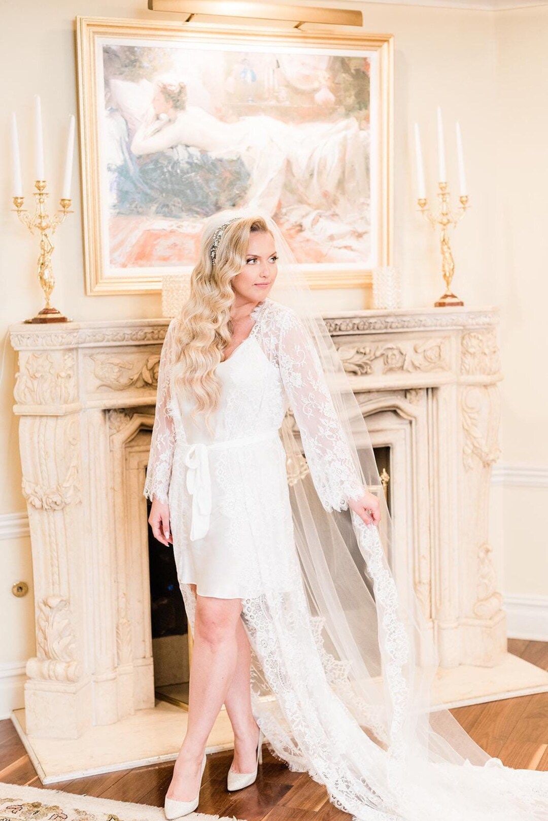 Bridal Long Lace Robe With Cathedral Train, Scallop Edge Robe, Getting ...