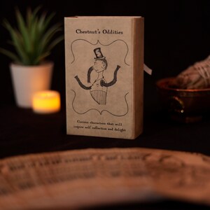 Puede incluir: Una caja marrón con el texto "Chestnut's Oddities" y un dibujo de una persona con un sombrero de copa y una nariz larga. El texto debajo del dibujo dice "Curious characters that will inspire self reflection and delight."