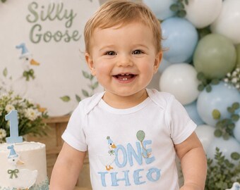 Silly Goose Birthday Shirt, Personalized Goose Birthday Outfit, Embroidered Baby Boy First Birthday, Custom Name, Any Age