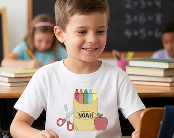 Boys Back to School Shirt | Personalized First Day of School Outfit | Embroidered Crayon Shirt | Custom Name Kids Tee