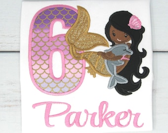 Personalized Mermaid Birthday Shirt, Girls Dolphin Mermaid Outfit, Custom Age Shirt, Any Age, Custom Name, Embroidered Under the Sea Tee