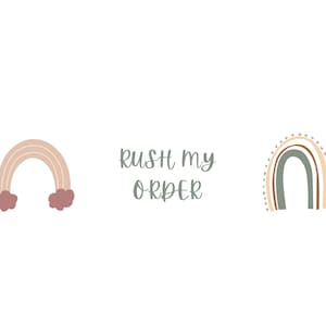 Puede incluir: Dos ilustraciones de arcoíris con el texto "Rush my order" en medio. Los arcoíris son en tonos de marrón, beige y verde.