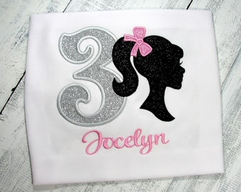 Girls Fashion Doll Birthday Shirt, Personalized Glitter Birthday Outfit, Embroidered Birthday Number Shirt, Custom Name Tee, Any Age