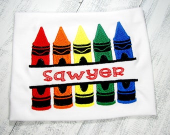 Personalized Boys Embroidered Crayon Shirt, Back To School Outfit, 1st Day of School T-shirt, Kindergarten Shirt Customized with Name