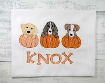 Personalized Boys Fall Shirt: Embroidered Pumpkin Puppy, Custom Name