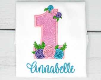 Boho Floral 1st Birthday Shirt, First Birthday Girl Outfit, Personalized Name Tee, Embroidered Birthday Shirt, Pink Floral Party Shirt