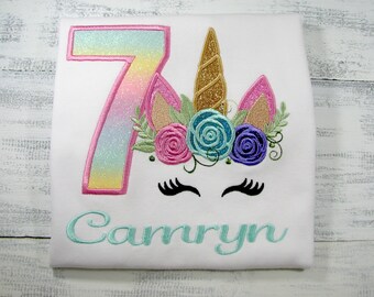 Personalized Unicorn Birthday Shirt, Rainbow Floral Unicorn Theme, Girls Birthday Outfit, Custom Age Shirt, Embroidered Name Tee