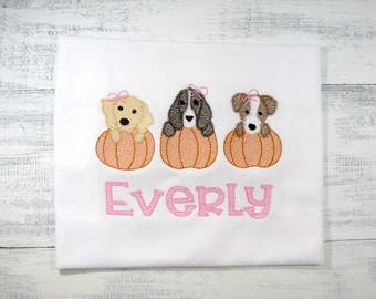 Personalized Girls Pumpkin Shirt: Embroidered Puppy Design, Fall Outfit