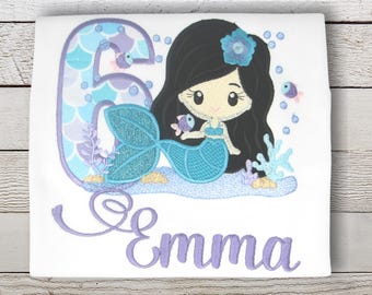 Girls Personalized Mermaid Birthday Shirt, Under the Sea Birthday Outfit, Custom Name Mermaid Shirt, Embroidered Birthday Tee