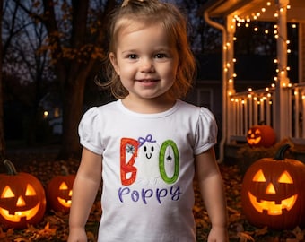 Personalized Girls Ghost Halloween Shirt | BOO Embroidered Toddler Kids Tee | Cute Fall Outfit with Custom Name