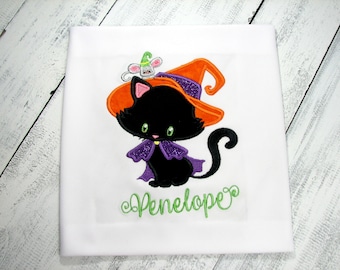 Girls Halloween Shirt: Embroidered Black Cat with Witch Hat