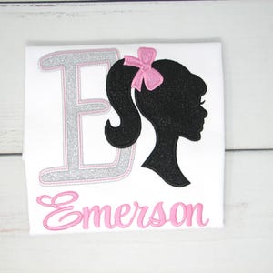 Girls Personalized Monogram Shirt, Girls Name Shirt, Pink Glitter Doll Silhouette Tee, Custom Tee for Birthday or Gift, Embroidered Shirt,