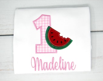 Personalized Watermelon 1st Birthday Shirt, One in a Melon Outfit, Summer Birthday Girl Shirt, Custom Age Shirt, Embroidered Name Tee
