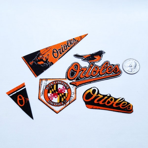 Baltimore Orioles Retro MLB Cotton Fabric, Iron On Appliques, Patches, Black and Orange, Baseball, Choice of 5 Sets, Ltd Quantity