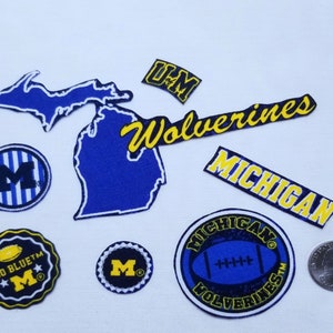 University of Michigan Hometown Design, NCAA ,Cotton Fabric, Iron On Appliques, Set of 8, Choice of Sets, Blue & Gold, Fray Checked