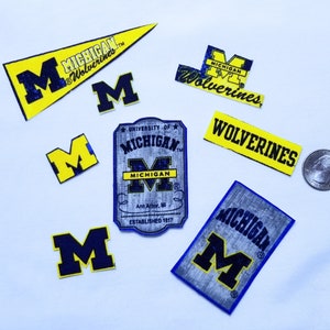 University of Michigan Hometown Design Mix NCAA, Cotton Fabric, Iron On Appliques, Set of 8, Choice of 5 Sets, Blue & Gold, Fray Checked