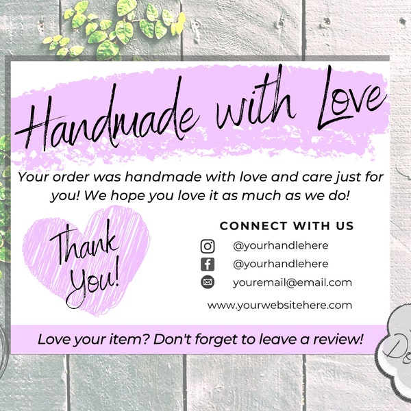 Handmade with Love Thank You Card | Small Business Thank You Card Template | Purple Thank You Cards Download | Digital Thank You Card