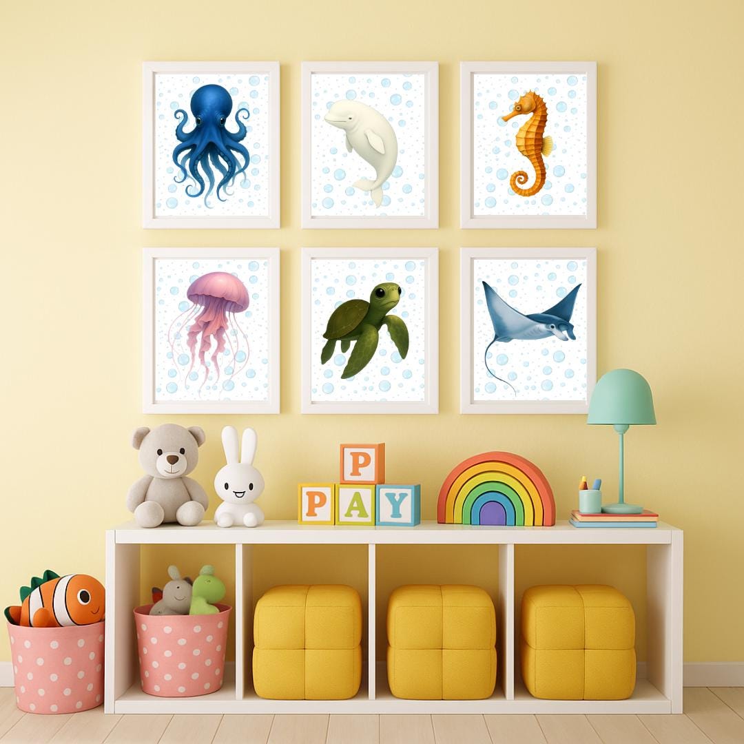 Ocean Animal Nursery Prints: Sea Creatures Wall Art Set (digital ...
