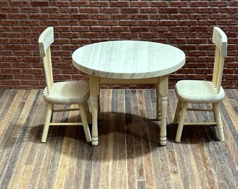 Round table and 2 chairs set. 1/12 Scale in unpainted wood. Beautiful. Legacies turned. 10905.