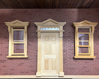 DIY LOT of 3 Victorian Style. 6 panels Style Door and 2 Victorian Style Simple wooden Window.  Vintage 1/12 wooden item. Lot-6013,5002-Set