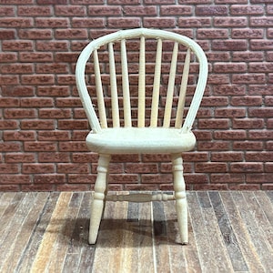 Windsor back wooden chair. 1/12 Scale in unpainted wood. Pretty antique style, Windsor back, turned legs and crosspieces. 12113.