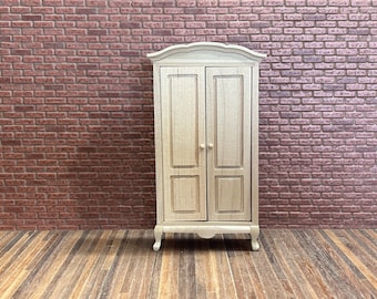 DIY Curved top 2 door cabinet. 1/12 Scale unpainted wood. Vintage style, curved top and legs with 2 large 2-box doors. 1 shelf inside. 21507