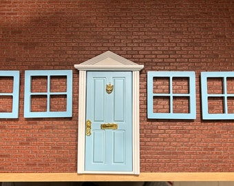 DIY LOT of 4 Door and Windows set. White and blue colors. With hardware installed, handle, letter hatch and door knocker. Lot- 12019, 12018.